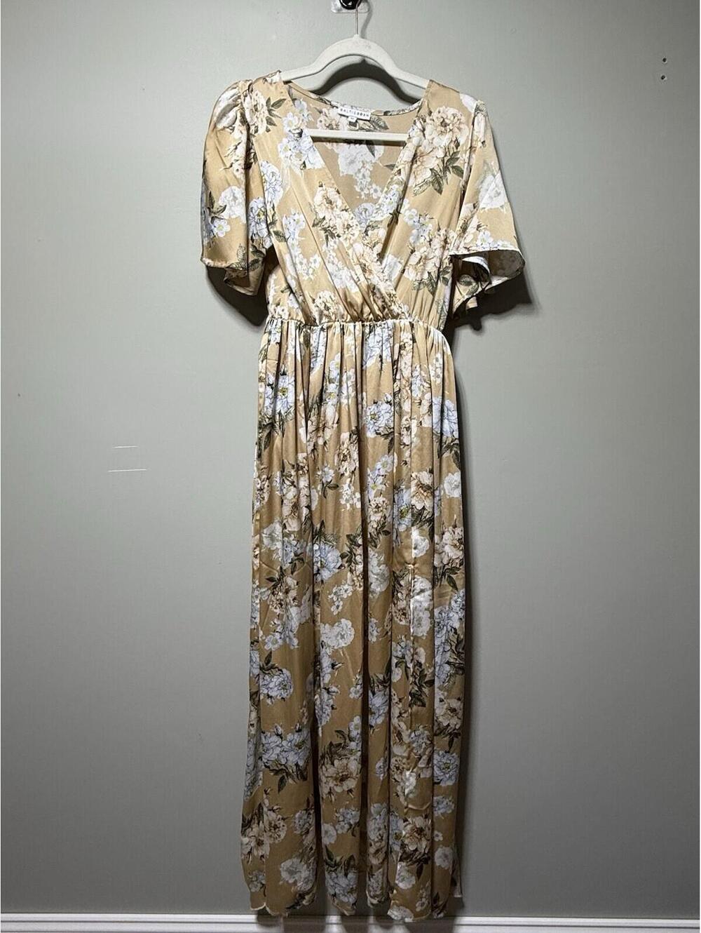 Baltic Born Sicily Satin Maxi Dress Taupe Floral Wrap M wedding guest